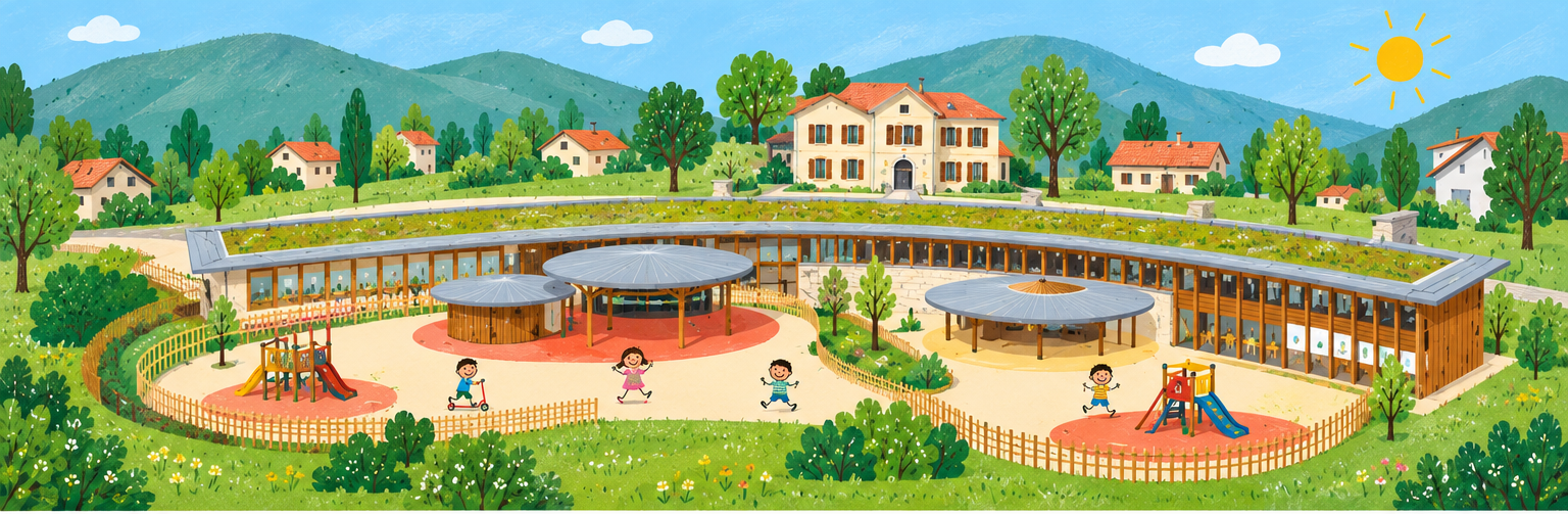 Illustration de l'école, vue aérienne